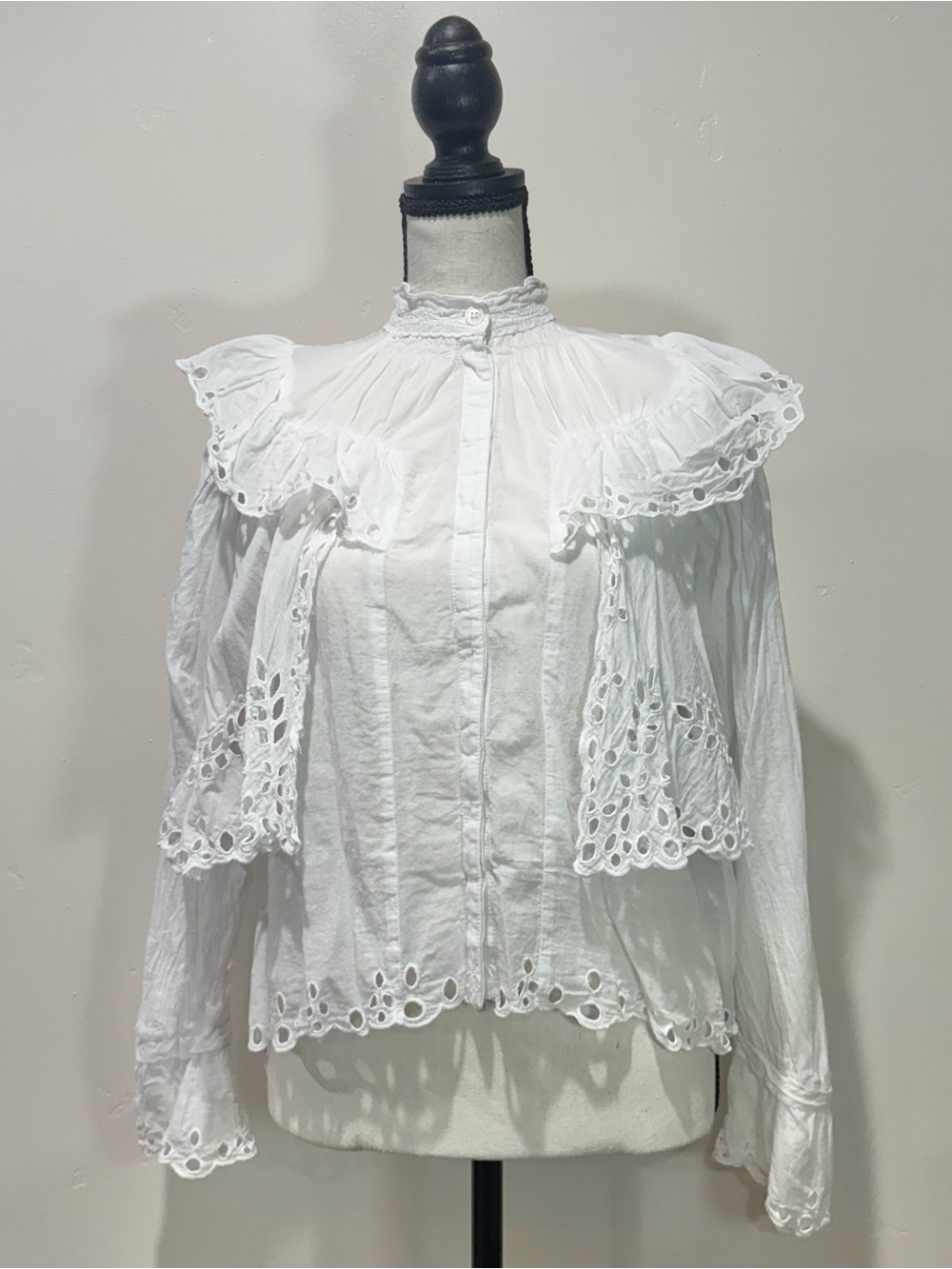 Cotton Eyelet White Layered Button Up Blouse Victorian Edwardian Romantic